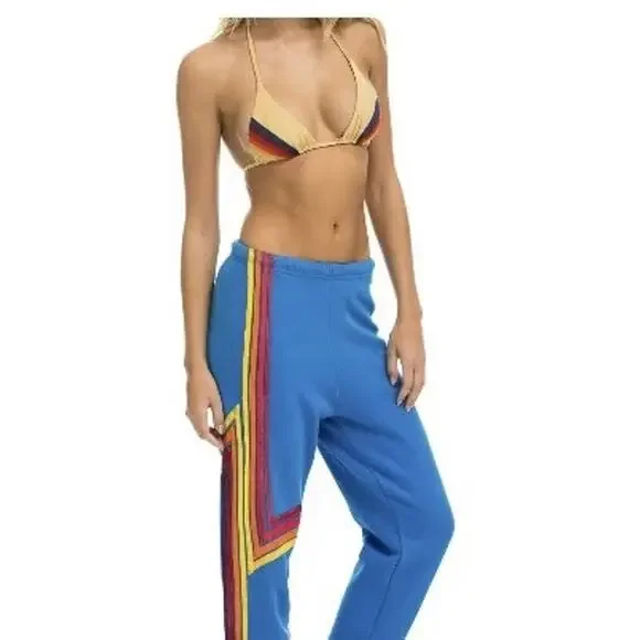 Aviator Nation Blaze Stripe Sweatpant Ocean Blue Size XS Jogger High Rise Cotton - Picture 1 of 6